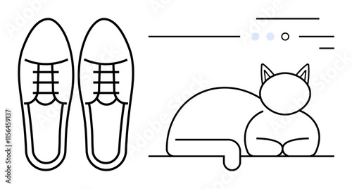 Oxford shoes beside a relaxed cat. Ideal for themes of fashion, comfort, pets, lifestyle, simplicity, relaxation, and minimalism. Line metaphor
