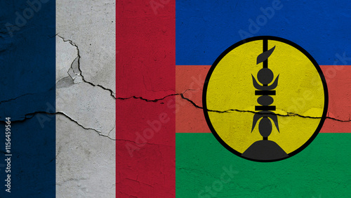 New Caledonia flag on cracked wall background, flag with crack line