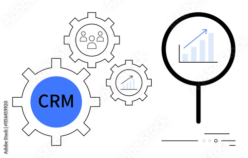 Gears labeled CRM and graph icons represent customer relationship management and data analytics. Magnifying glass emphasizes growth through analysis. Ideal for CRM tools, data management, business