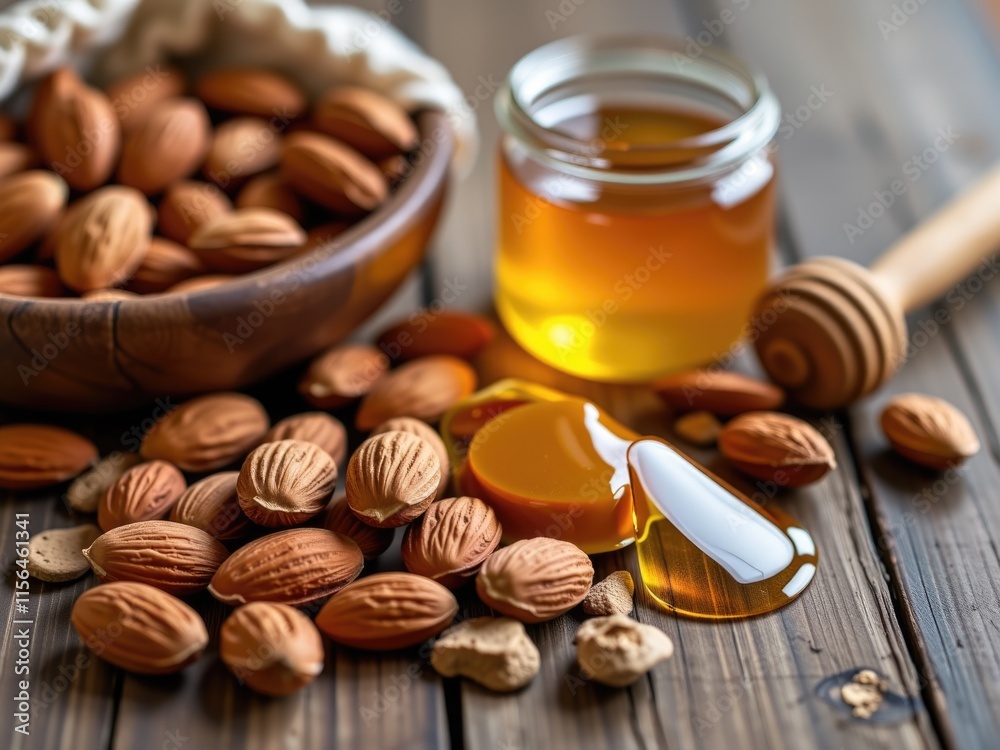Honey Almonds Wooden Bowl Healthy Snack Sweet Treat Rustic Table Food Photography Still Life Nature Honey Almonds Wooden Bowl Healthy Snack Sweet Treat Rustic Table Food Photography Still Life Nature
