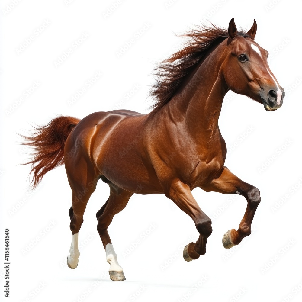 A spirited brown horse gallops gracefully on a bright white backdrop A spirited brown horse gallops gracefully on a bright white backdrop