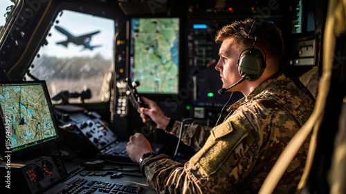 A military communications officer focused on coordinating air and ground forces from inside a command vehicle, surrounded by high-tech communication equipment and maps.