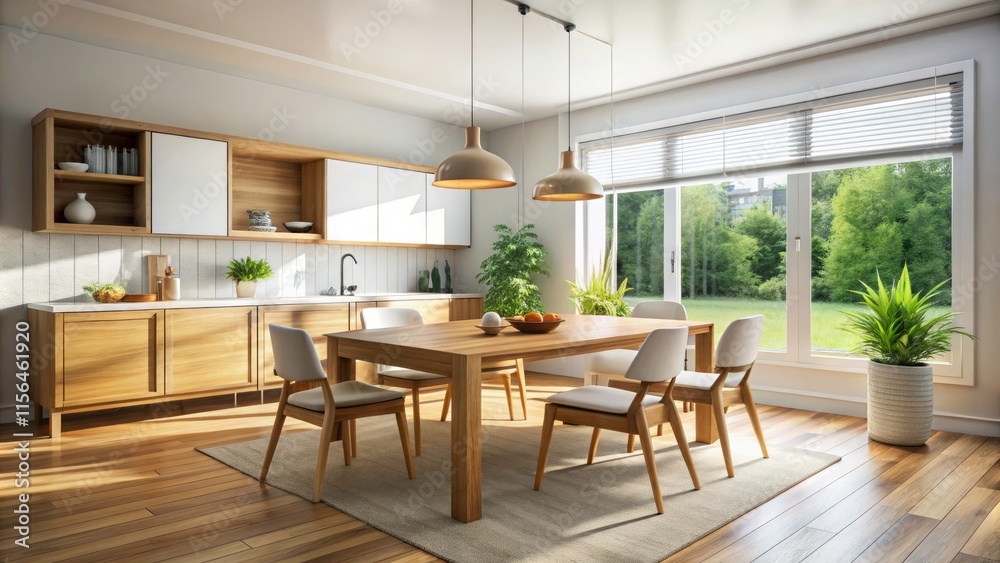 Fototapeta premium Modern Oak Kitchen Dining Room Interior Design - Empty Frame Wall Art