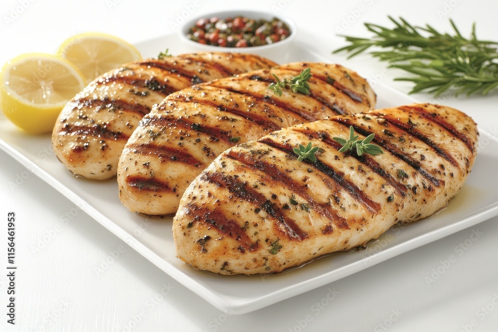 Grilled chicken breasts shine with herbs, smoky flavor, lemon slices, and salsa Grilled chicken breasts shine with herbs, smoky flavor, lemon slices, and salsa