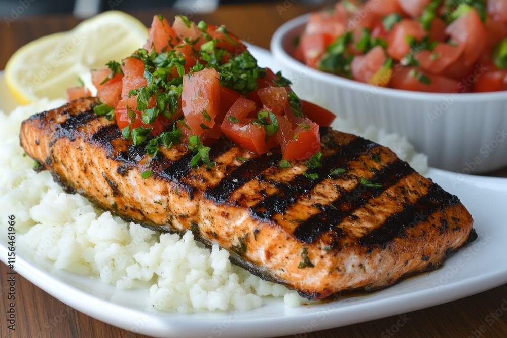 Delicious lemon herb grilled salmon topped with tomato salsa and served on a bed of rice Delicious lemon herb grilled salmon topped with tomato salsa and served on a bed of rice