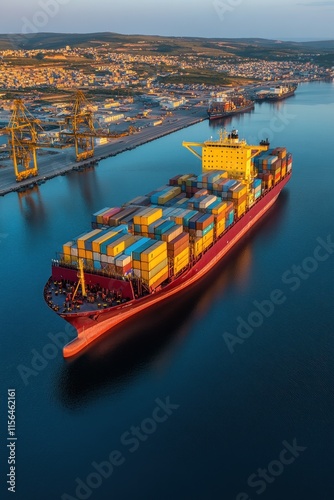 Aerial view of a cargo vessel at port, surrounded by colorful containers photo