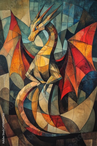 Vibrant abstract stained glass artwork featuring a dragon with geometric patterns and vivid colors in a fantasy style. photo