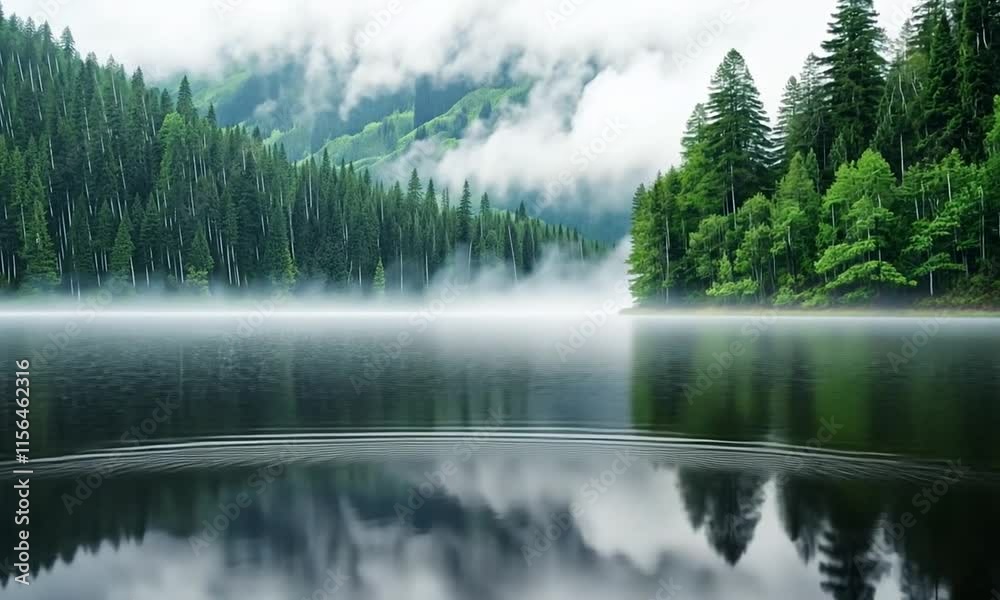Lake water ripples with forested shoreline & mist background. Lake water ripples with forested shoreline & mist background.