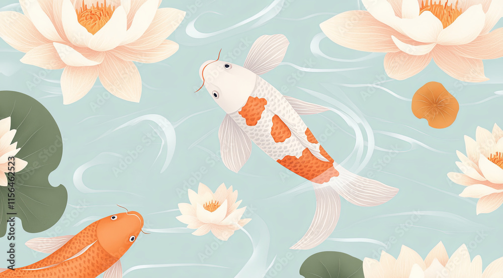 Fototapeta premium A seamless pattern ofElegant Koi Fish with Lotus Flowers in Calm Waters