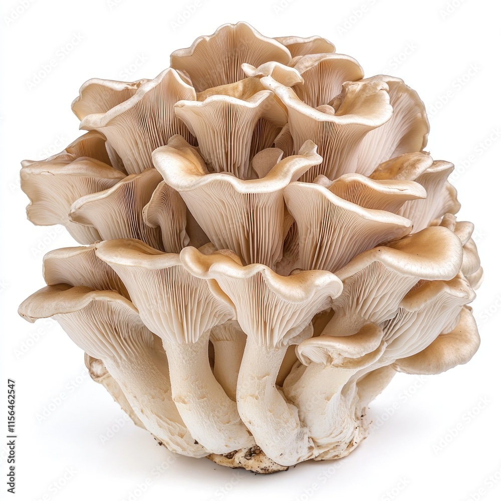 This specimen features a cluster of mushrooms displaying detailed gills and a creamy color This specimen features a cluster of mushrooms displaying detailed gills and a creamy color