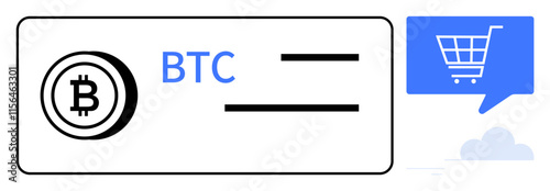 Bitcoin symbol alongside BTC text, two horizontal lines, blue shopping cart in speech bubble, and cloud. Ideal for blockchain technology, cryptocurrency trading, e-commerce, digital payments