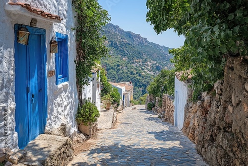Picturesque cobblestone street winding through charming whitewashed village in samos, greece