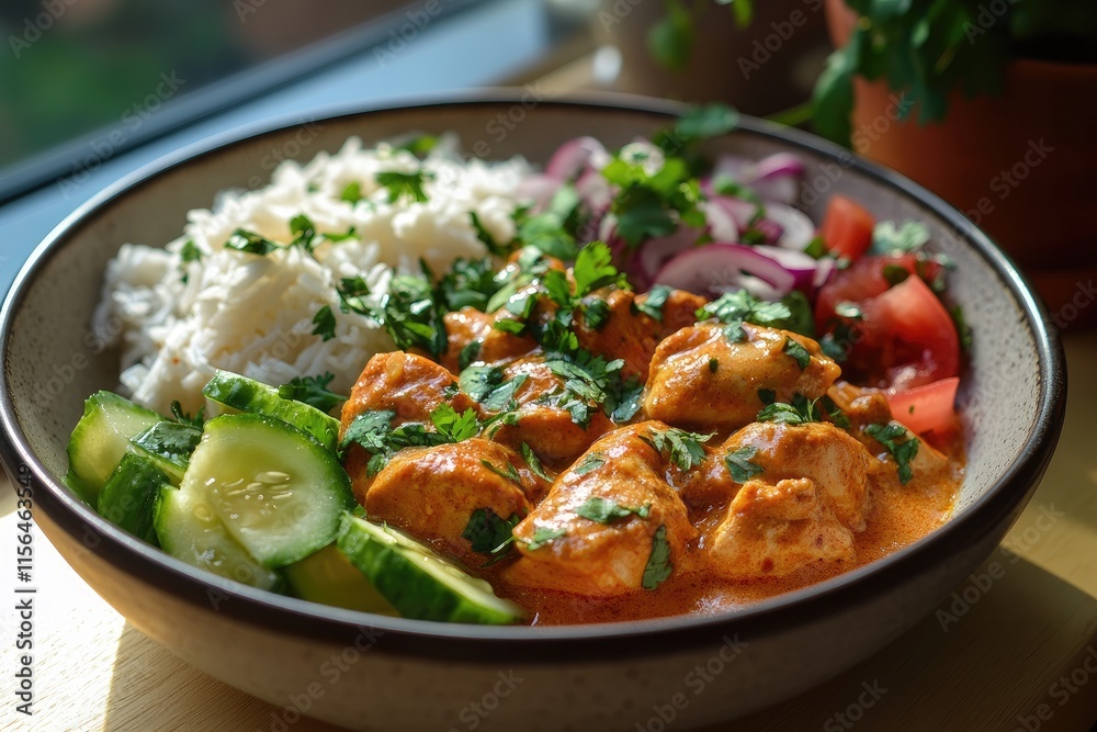 Chicken tikka masala served with basmati rice, salad and coriander Chicken tikka masala served with basmati rice, salad and coriander