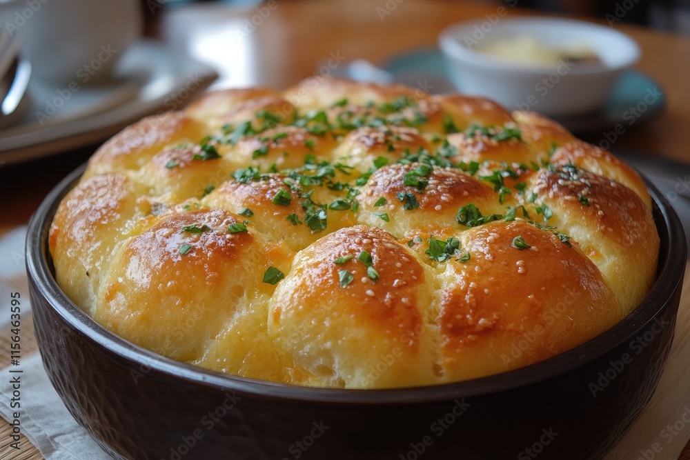 Delicious homemade garlic knots baking in a round pan Delicious homemade garlic knots baking in a round pan