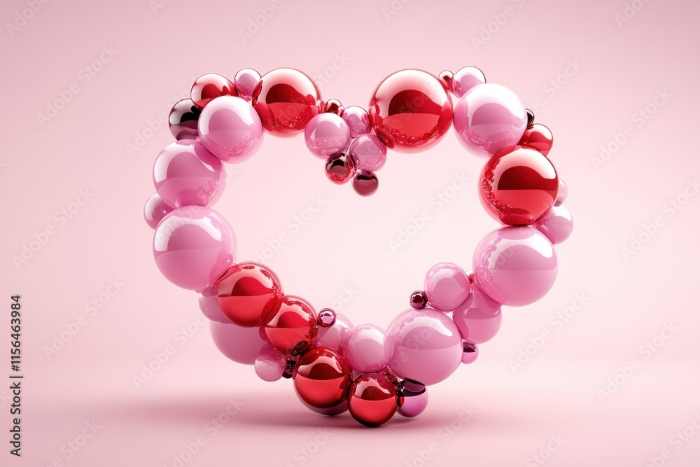 Pink, red, and lilac spheres are arranged in a heart shape, creating a festive and modern feel Pink, red, and lilac spheres are arranged in a heart shape, creating a festive and modern feel