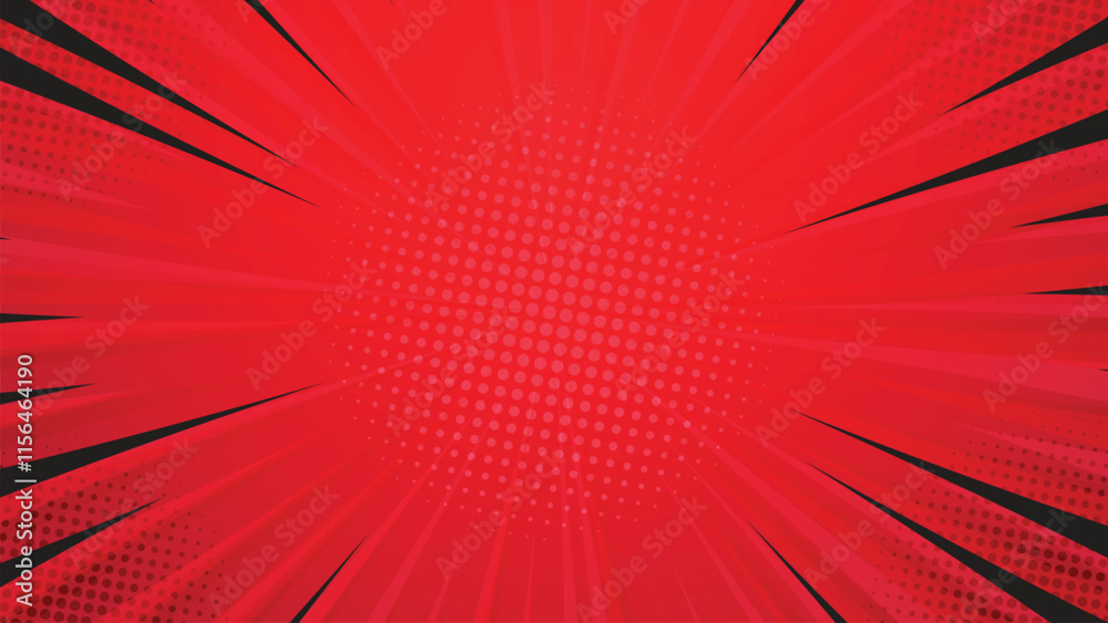 Obraz premium Red background pop art retro with comic sun rays. Comics rays background with halftones. Summer tropical background