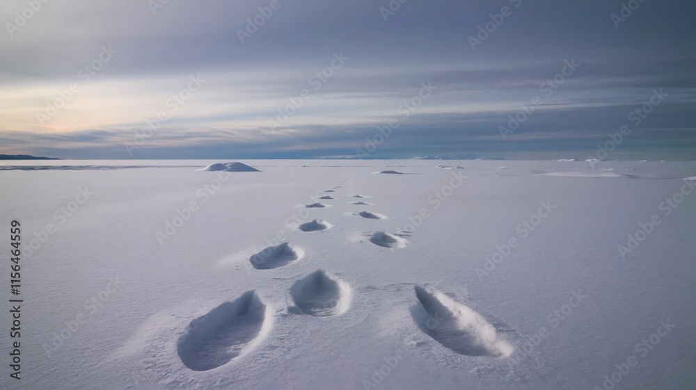 Close-up of polar bear tracks in the snow leading into the Arctic horizon Close-up of polar bear tracks in the snow leading into the Arctic horizon