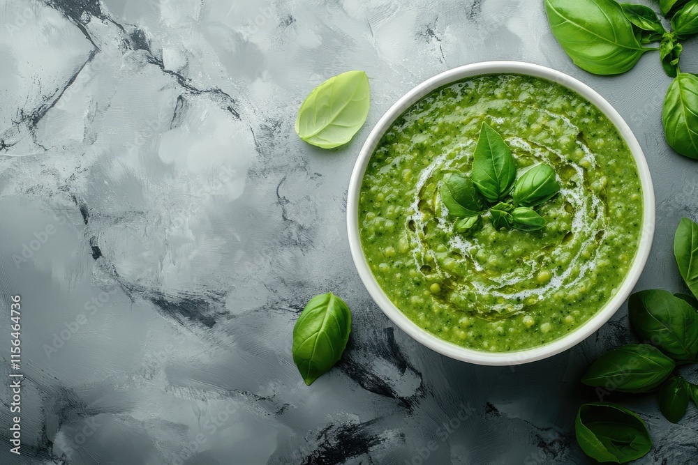 Green pea soup decorated with basil leaves and cream swirls in a white bowl on grey table