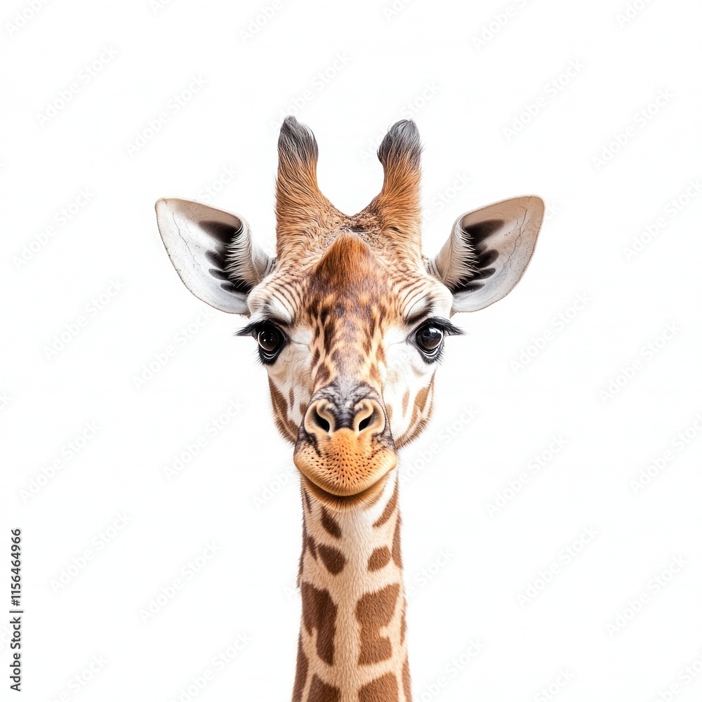 Fototapeta premium Giraffe is posing with a gentle expression against a plain white background