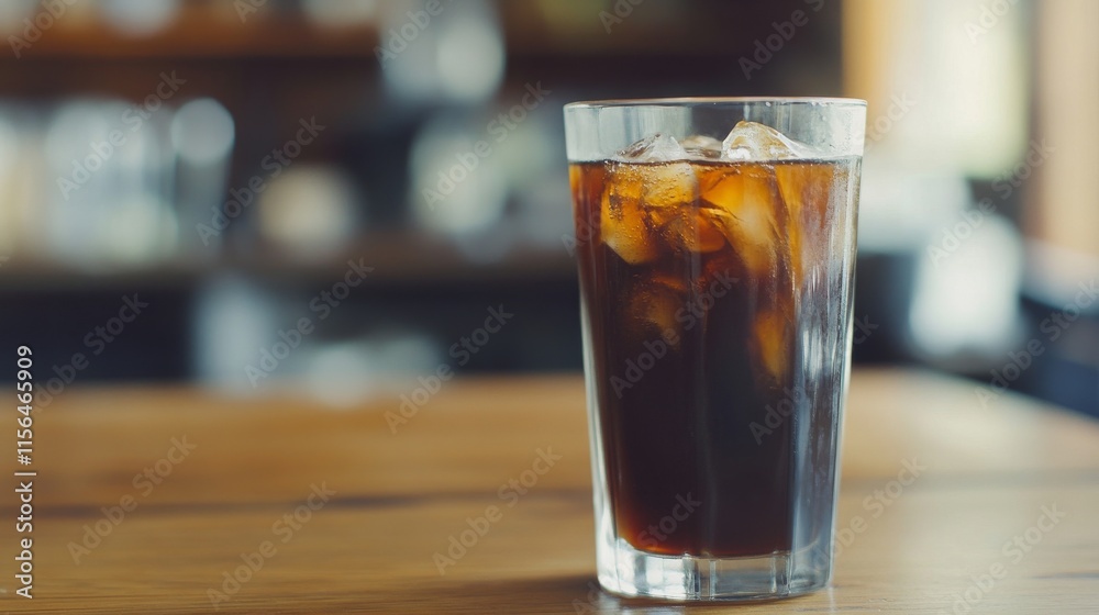 A glass of dark colored liquid with ice cubes in it. The glass is on a wooden table A glass of dark colored liquid with ice cubes in it. The glass is on a wooden table
