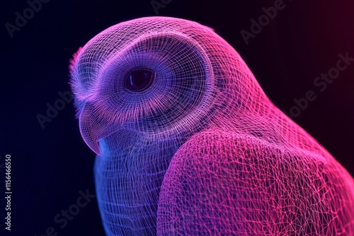 A digital wireframe of an owl illuminated by neon pink and blue lights, showcasing futuristic and technological themes. photo