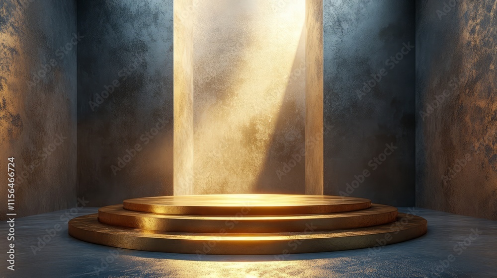 Glossy golden podium with sharp angles, isolated in a modern space Glossy golden podium with sharp angles, isolated in a modern space