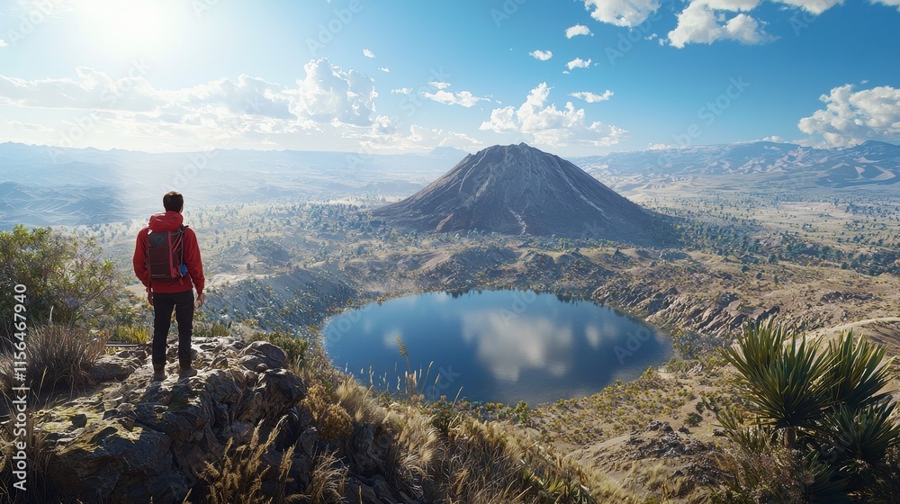 Fototapeta premium Hiker Overlooking Volcanic Crater with Expansive Landscape