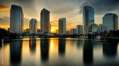 Wallpaper Mural Sunset casts warm glow over city skyline with reflective waters and modern architecture Torontodigital.ca