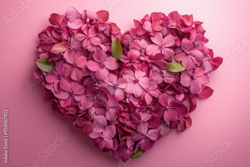 Heart shaped by pink hortensia flowers on pink background representing love and affection