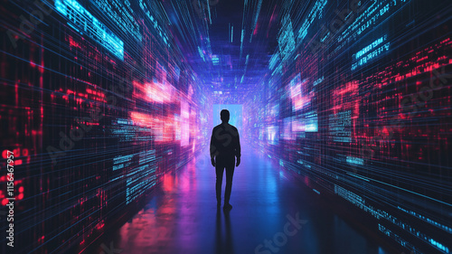 A man in silhouette standing in a dark tunnel of of flowing violet and teal information representing the human mind experiencing quantum consciousness as a function of time. photo