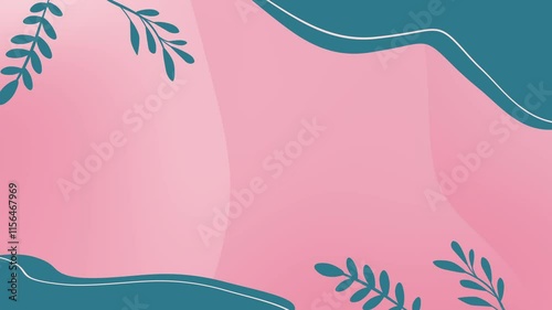 Pink background with teal wavy lines and simple leaf designs suitable for greeting cards, social media posts, and femininethemed designs. Aesthetic blue and pink color looping animation background.
 photo