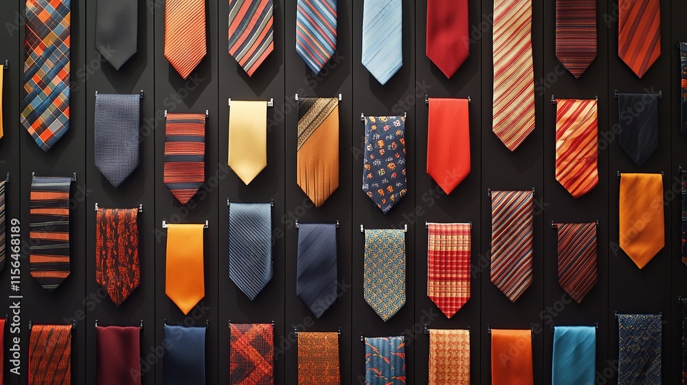 A wall-mounted display of silk ties and bow ties in bold colors and patterns, each arranged with precise symmetry A wall-mounted display of silk ties and bow ties in bold colors and patterns, each arranged with precise symmetry