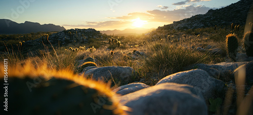 A landscape photograph of the Mexican nature, in the Breda de Rajadubnui Cactus Forest National Park. The sun is setting behind some rocks and cacti