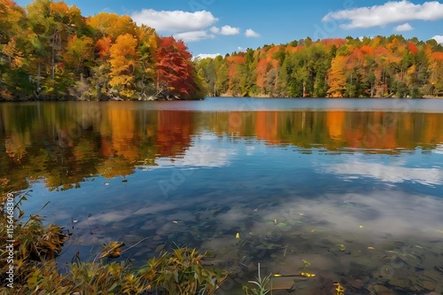 A autumn lake scenery and the trees are full with colorful leaves and flowers photo