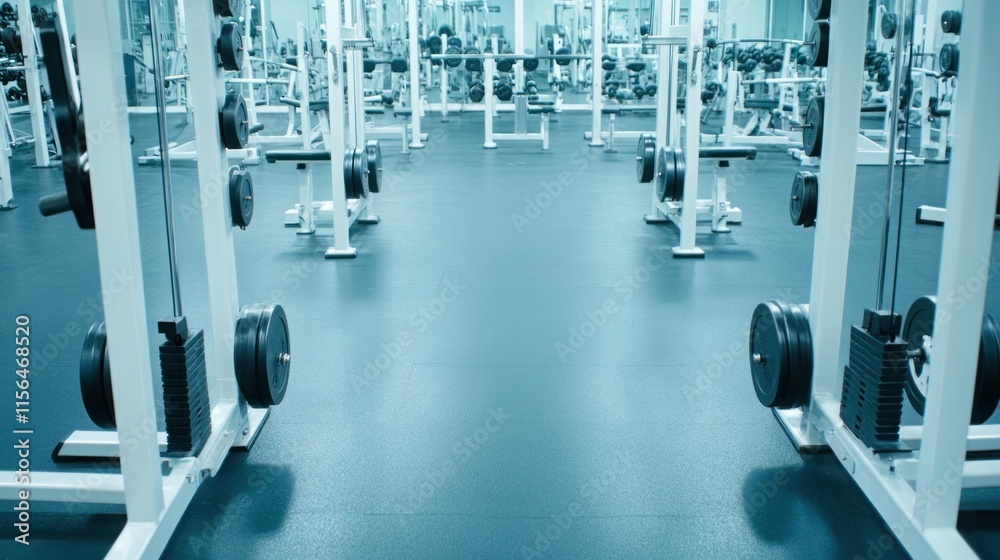 Fototapeta premium Modern Fitness Center Interior with Weightlifting Equipment, Cardio Machines, and Spacious Floor Area for Exercising and Training Enthusiasts in a Well-Lit Environment