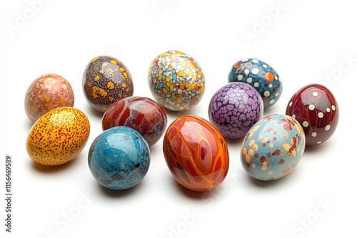 Colorful easter eggs showing artistic designs resting on white background