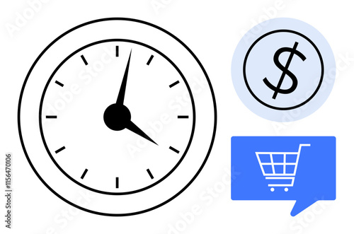 Clock at 1010, blue dollar sign in a circle, and blue shopping cart in a chat bubble. Ideal for financial planning, time management, online shopping, e-commerce, budgeting, retail business, customer