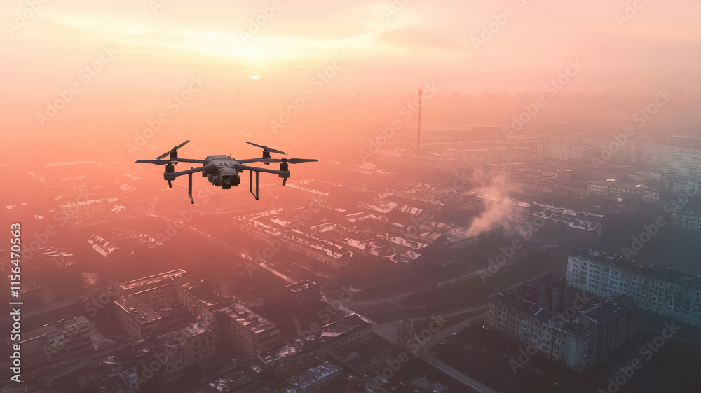 Naklejka premium A military drone conducts surveillance over enemy territory, relaying real-time intel as ground troops advance below. The UAV provides strategic support, ensuring mission success with aerial reconnais