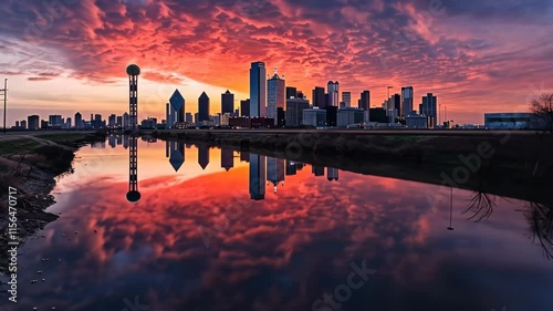 Vibrant Sunset Over Dallas Skyline Reflecting in Tranquil Waters Alongside the City’s Iconic Landmarks