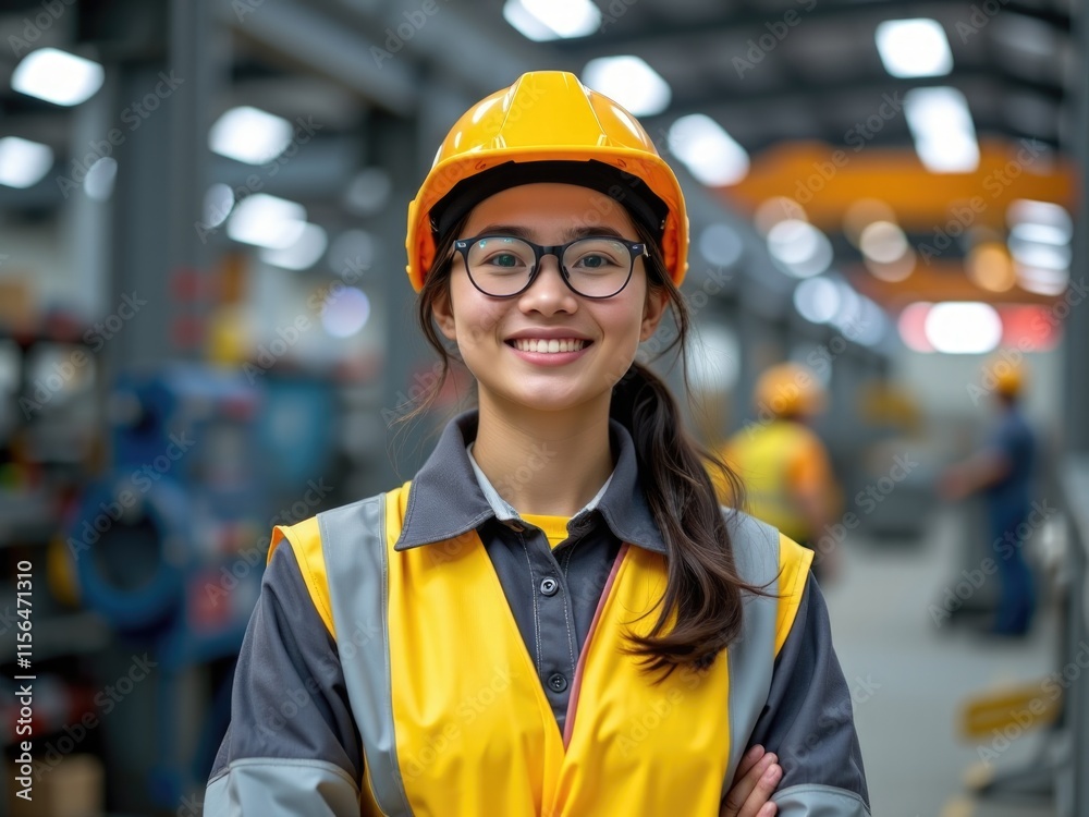 Confident Female Engineer in Factory Industrial Safety Confident Female Engineer in Factory Industrial Safety