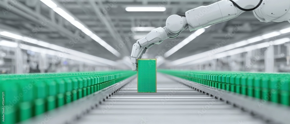 Obraz premium Robotic Arm Handling Silicon Wafer in High Tech Factory