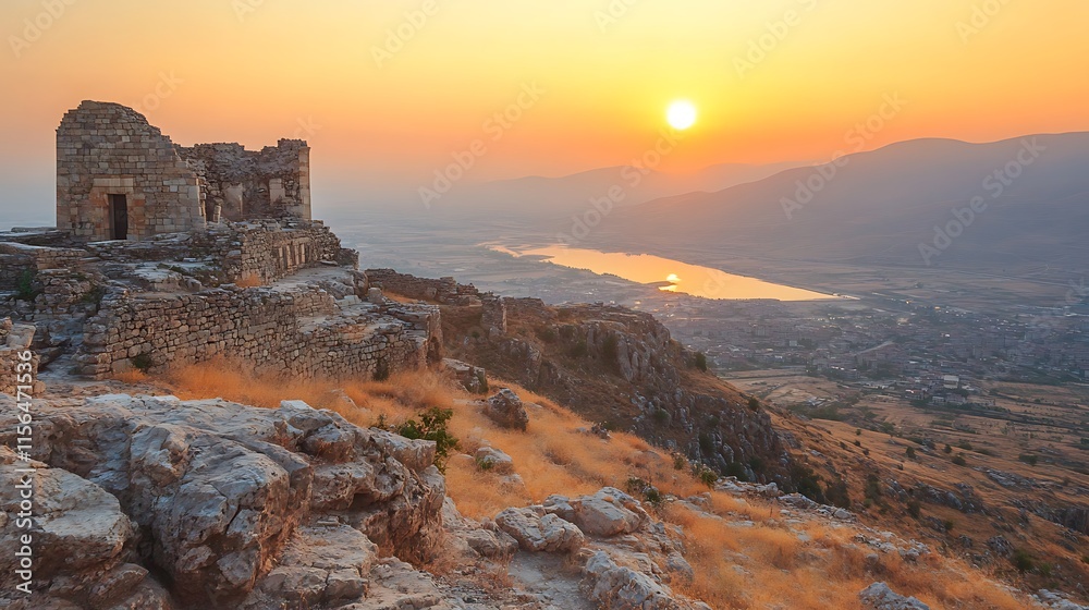Fototapeta premium Golden Sunset Illuminates Ancient Hilltop Ruins: Wide Photo. AI Generated