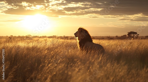 Majestic Lion Stands Tall In Golden Sunset Grassland photo