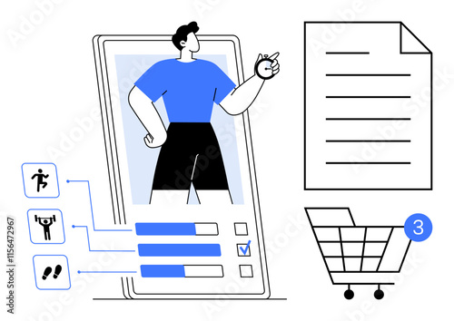 Fitness app interface with user tracking progress bars, connected icons for fitness goals, list of tasks, and shopping cart notification. Ideal for health, productivity, online shopping, task