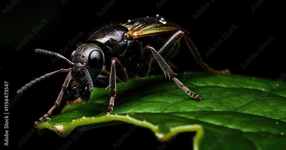 Naklejka premium A close-up of a black insect resting on a green leaf, showcasing intricate details.