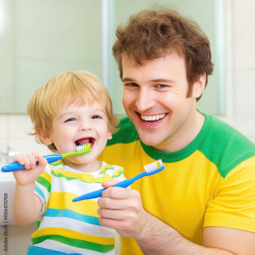 Happy father and son brush teeth together in a bright bathroom, promoting dental hygiene and family bonding with smiles and playful moments of care and health. Happy father and son brush teeth together in a bright bathroom, promoting dental hygiene and family bonding with smiles and playful moments of care and health.