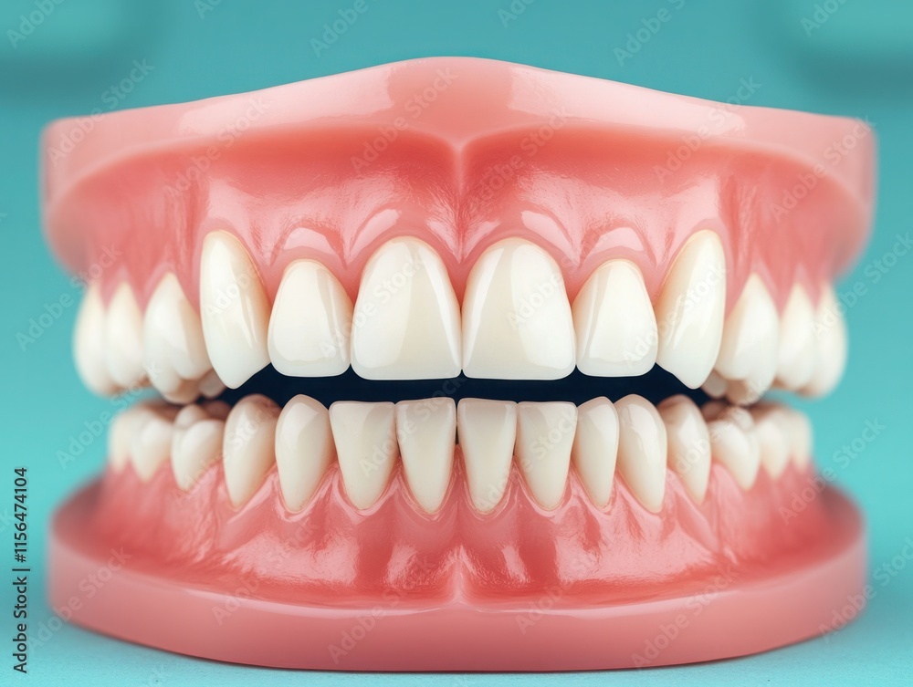 Obraz premium Realistic Model of Human Teeth Demonstrating Dental Anatomy for Educational Purposes in Bright Vibrant Colors Against a Soft Blue Background
