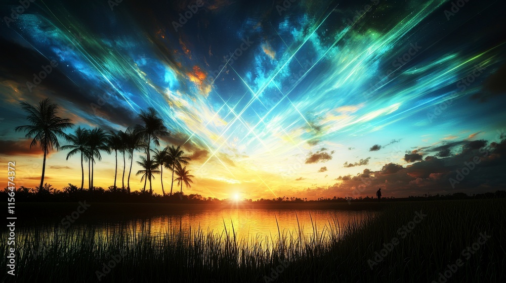 Fototapeta premium Tropical landscape at dusk scenic view nature photography serene environment dreamy color palette captivating mood