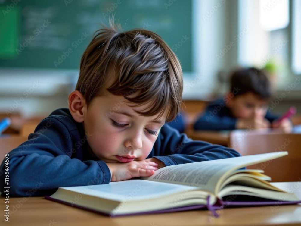 Concentrated Young Boy Reading Book in Classroom Education School Knowledge Learning Concentrated Young Boy Reading Book in Classroom Education School Knowledge Learning