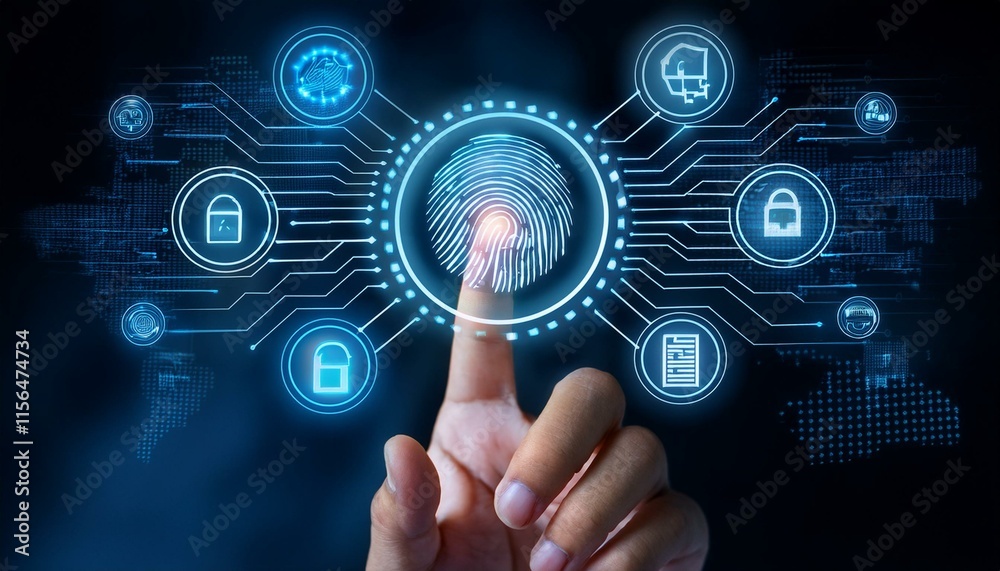 A finger is touching a digital fingerprint scanner with surrounding network icons. A finger is touching a digital fingerprint scanner with surrounding network icons.